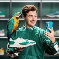 You could access Suncorp Bank Feel Good Rewards offers with a Suncorp Bank Account – Man with a bird on his shoulder, holding a shoe checking his cashback on the Suncorp Bank App