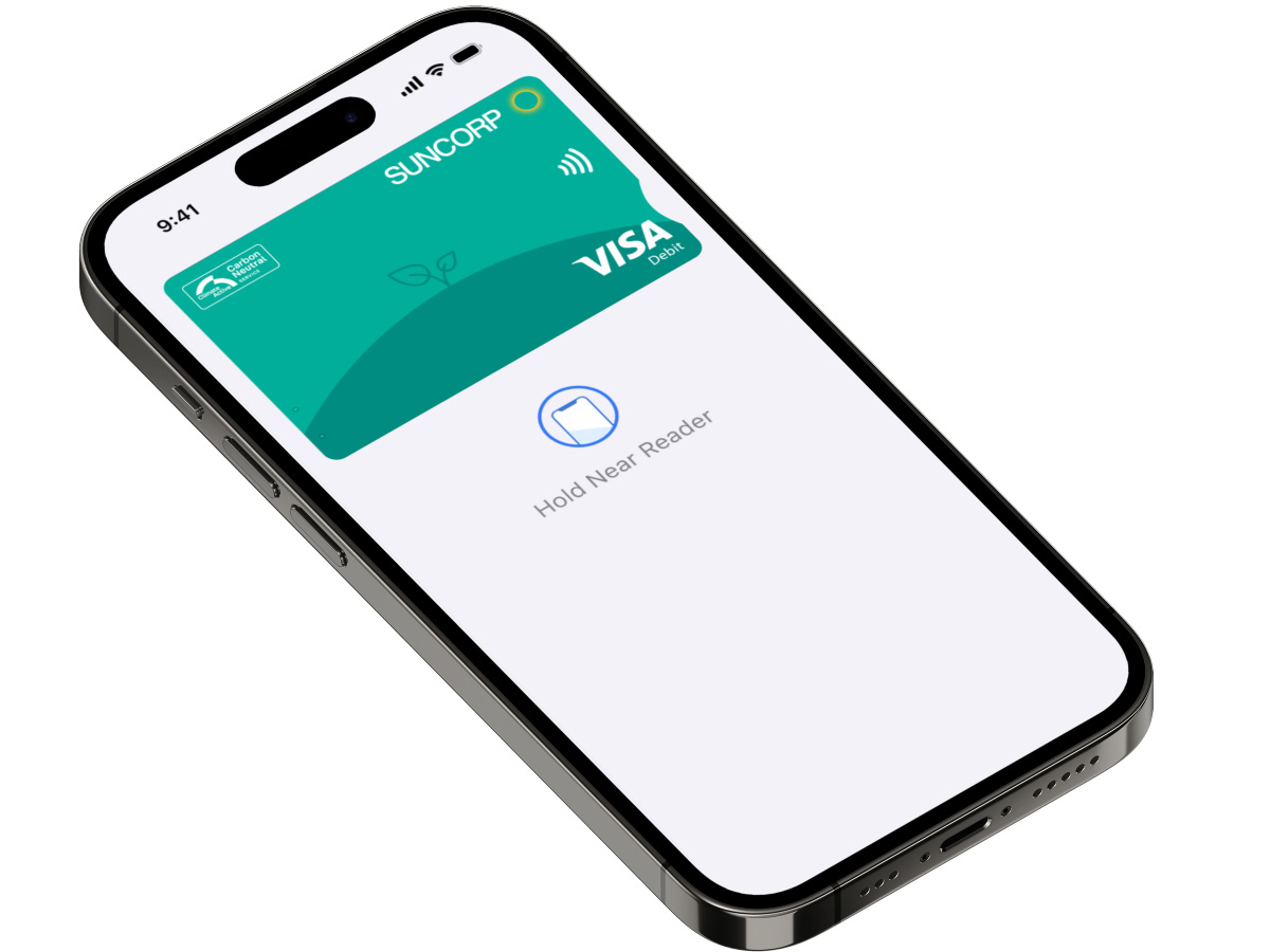 The Suncorp Bank App displaying a Carbon Insights Account e-card that's setup for Apple Pay