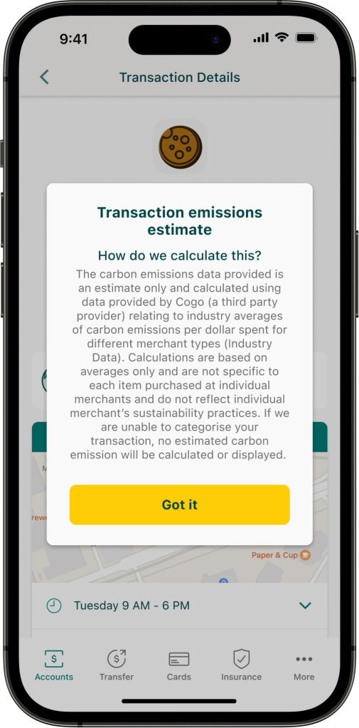Suncorp Bank App transaction emissions estimate from a recent purchase explaining how we calculate this
