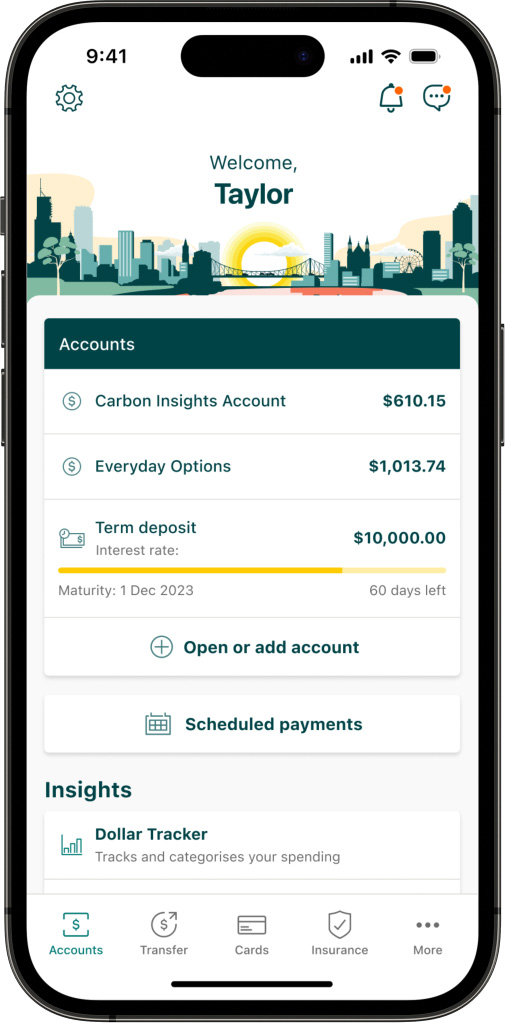 The Suncorp Bank App accounts screen displaying the balance of a customer's Carbon Insights Account, Everyday Options Account, Term deposit and the Dollar Tracker