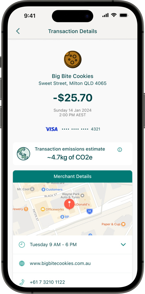 Suncorp Bank App transactions screen showing a customer's transaction emissions estimate from a recent purchase