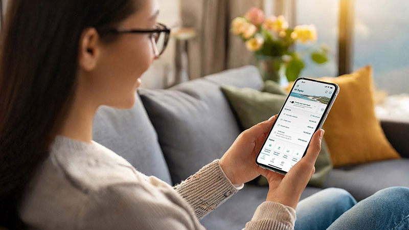 Woman accessing everyday accounts via her smartphone