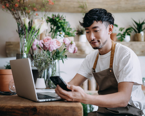 Cafe staff on phone