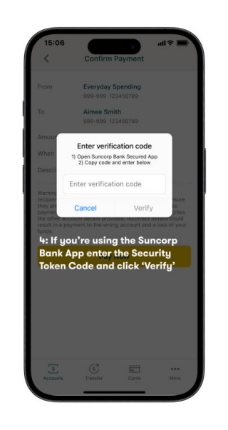 Suncorp Bank Secured App Authorising Payment - Enter Your Verification Code