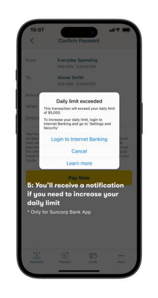 Suncorp Bank Secured App Authorising Payment - Daily Limit Exceeded