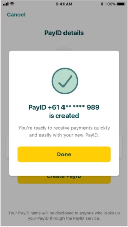 Suncorp Bank App creating a PayID for a personal account