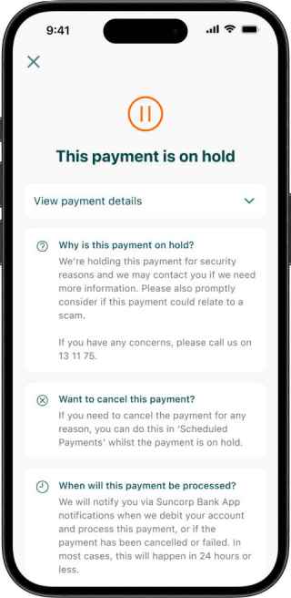 Suncorp Bank App Payment on hold screen