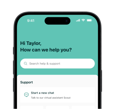 The support screen in the Suncorp Bank App demonstrating the new search feature available to customers. 