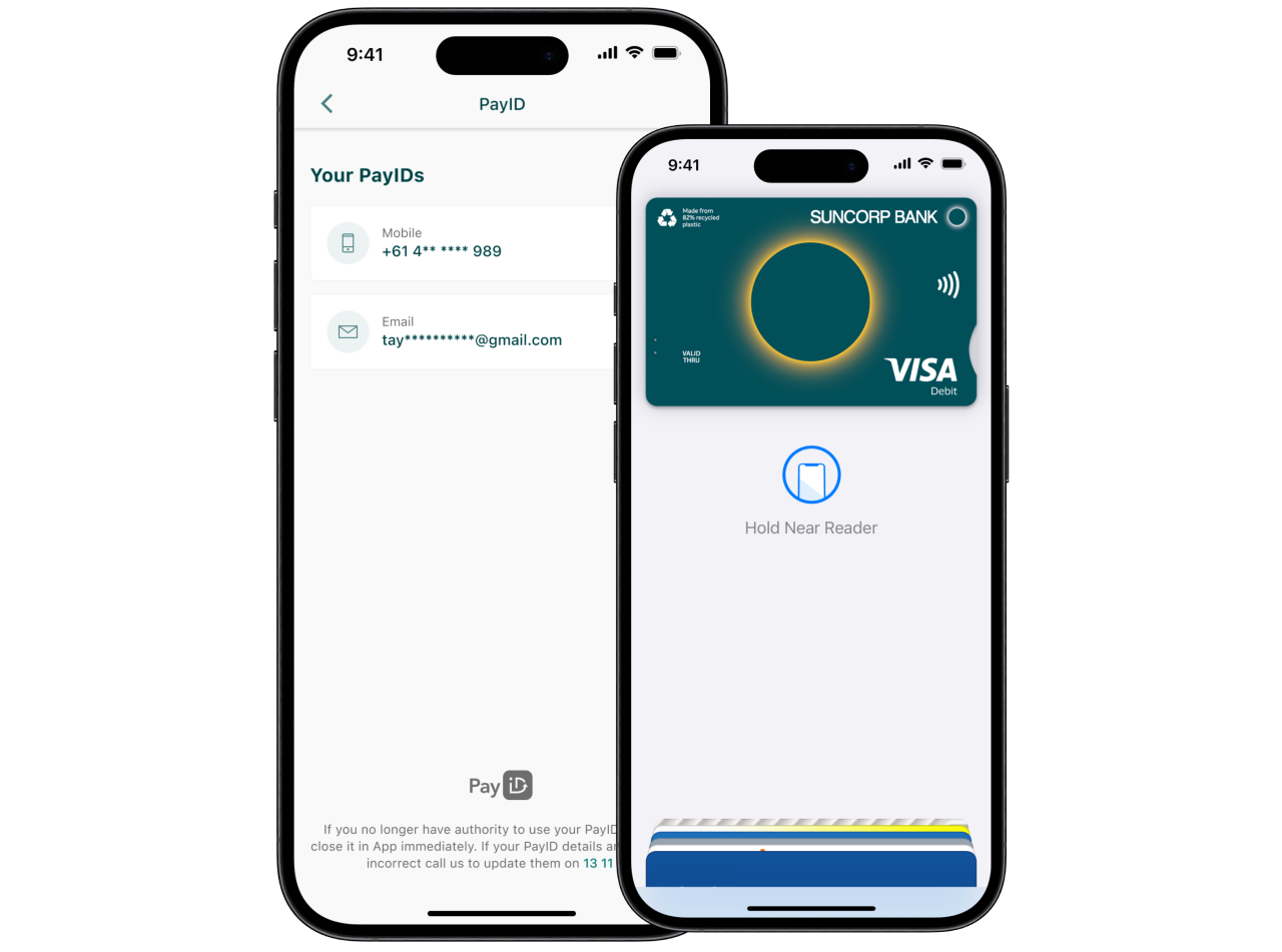 Suncorp Bank App displaying examples of PayID and Apple Pay