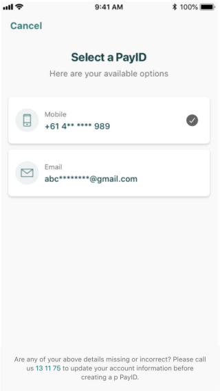 Suncorp Bank App creating a PayID for a personal account