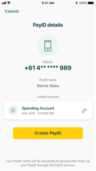 Suncorp Bank App creating a PayID for a personal account