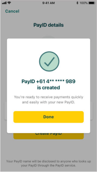 Suncorp Bank App creating a PayID for a personal account