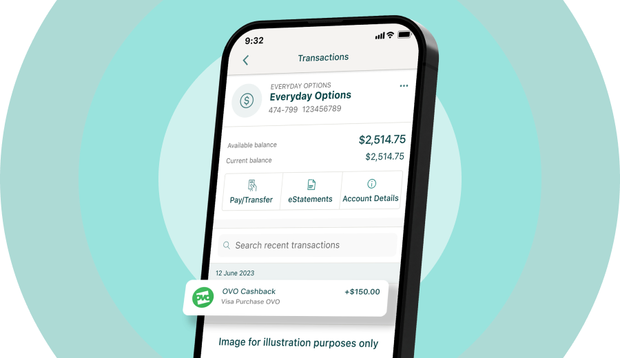 Suncorp Bank App accounts screen displaying an OVO Cashback amount from a recent transaction 